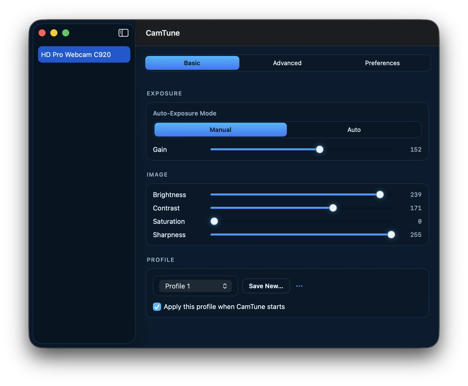 CamTune's Basic tab, adjusting exposure and image controls on a Logitech webcam