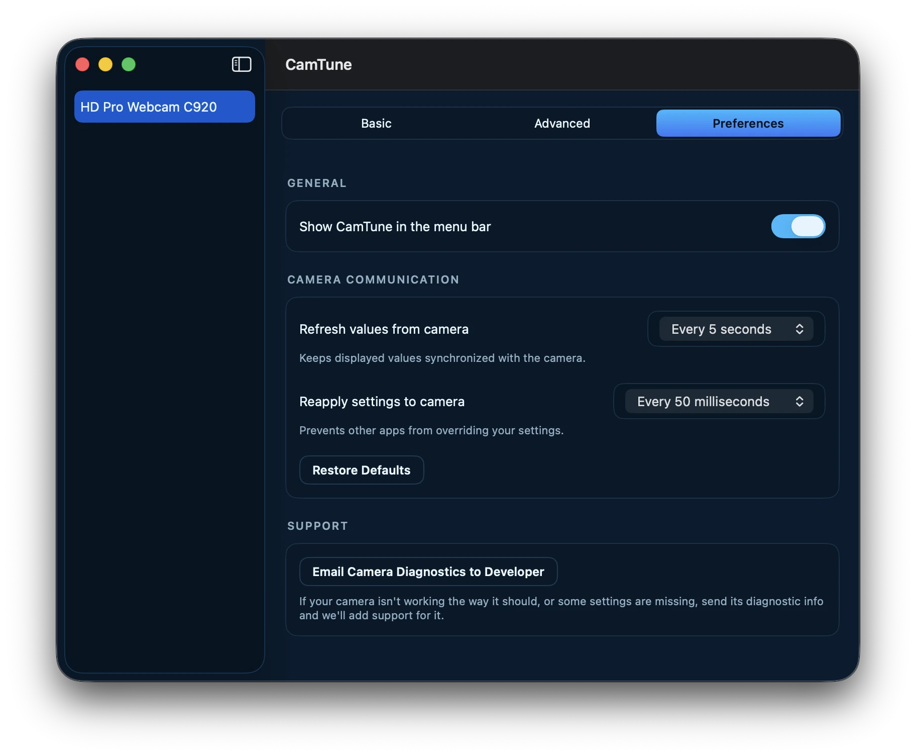 CamTune's Preferences tab, showing camera communication timing and the Email Camera Diagnostics support option